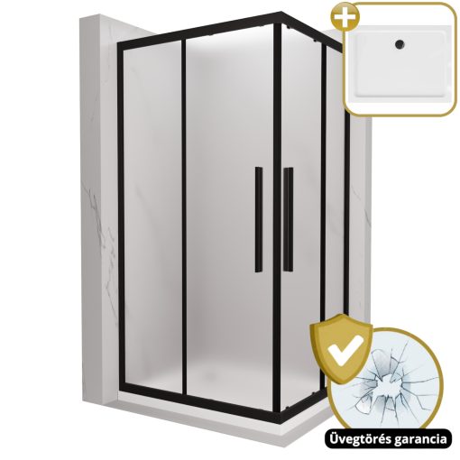 HD Moment+ aszimmetrikus szögletes két tolóajtós matt zuhanykabin fehér slim zuhanytálcával és fekete szifonnal, fekete színű elemekkel, 190 cm magas