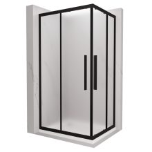 HD Moment+ aszimmetrikus szögletes két tolóajtós matt zuhanykabin fehér slim zuhanytálcával és fekete szifonnal, fekete színű elemekkel, 190 cm magas