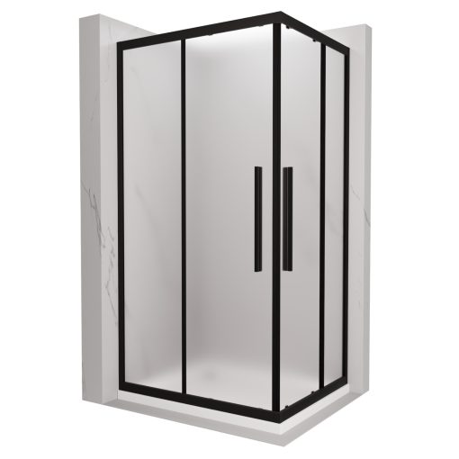 HD Moment+ aszimmetrikus szögletes két tolóajtós matt zuhanykabin fehér slim zuhanytálcával és fekete szifonnal, fekete színű elemekkel, 190 cm magas