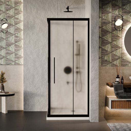 HD Moment+ aszimmetrikus szögletes két tolóajtós matt zuhanykabin fehér slim zuhanytálcával és fekete szifonnal, fekete színű elemekkel, 190 cm magas