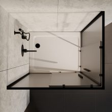 HD Moment+ aszimmetrikus szögletes két tolóajtós matt zuhanykabin fehér slim zuhanytálcával és fekete szifonnal, fekete színű elemekkel, 190 cm magas