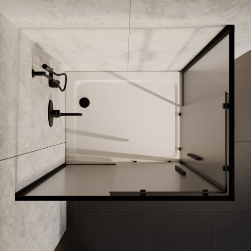 HD Moment+ aszimmetrikus szögletes két tolóajtós matt zuhanykabin fehér slim zuhanytálcával és fekete szifonnal, fekete színű elemekkel, 190 cm magas