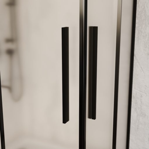 HD Moment+ aszimmetrikus szögletes két tolóajtós matt zuhanykabin fehér slim zuhanytálcával és fekete szifonnal, fekete színű elemekkel, 190 cm magas