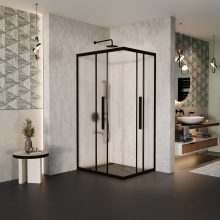 HD Moment+ aszimmetrikus szögletes két tolóajtós matt zuhanykabin 6 mm vastag vízlepergető biztonsági üveggel, fekete színű elemekkel, 190 cm magas