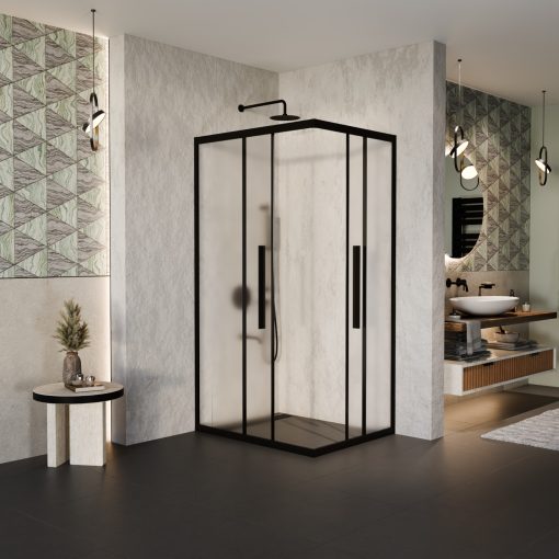 HD Moment+ aszimmetrikus szögletes két tolóajtós matt zuhanykabin 6 mm vastag vízlepergető biztonsági üveggel, fekete színű elemekkel, 190 cm magas