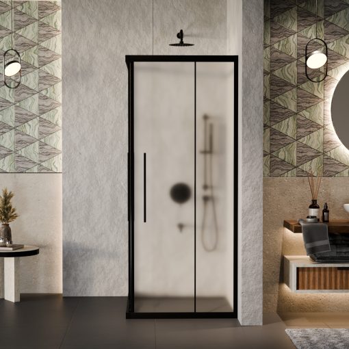 HD Moment+ aszimmetrikus szögletes két tolóajtós matt zuhanykabin 6 mm vastag vízlepergető biztonsági üveggel, fekete színű elemekkel, 190 cm magas