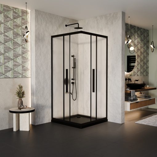 HD Moment+ 80x80 szögletes két tolóajtós matt zuhanykabin fekete slim zuhanytálcával és fekete szifonnal, fekete színű elemekkel, 190 cm magas