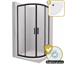 HD Moment 90x90 íves két tolóajtós matt zuhanykabin fehér slim zuhanytálcával és fekete szifonnal, fekete színű elemekkel, 190 cm magas