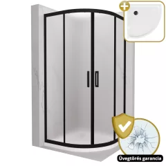   HD Moment 80x80 íves két tolóajtós matt zuhanykabin fehér slim zuhanytálcával és fekete szifonnal, fekete színű elemekkel, 190 cm magas
