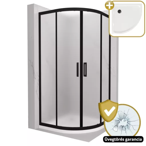 HD Moment 90x90 íves két tolóajtós matt zuhanykabin fehér slim zuhanytálcával és fekete szifonnal, fekete színű elemekkel, 190 cm magas