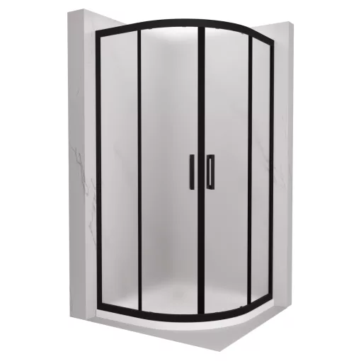 HD Moment 90x90 íves két tolóajtós matt zuhanykabin fehér slim zuhanytálcával és fekete szifonnal, fekete színű elemekkel, 190 cm magas