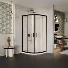 HD Moment 90x90 íves két tolóajtós matt zuhanykabin fehér slim zuhanytálcával és fekete szifonnal, fekete színű elemekkel, 190 cm magas