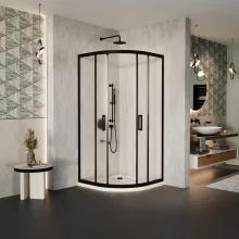 HD Moment 90x90 íves két tolóajtós matt zuhanykabin fehér slim zuhanytálcával és fekete szifonnal, fekete színű elemekkel, 190 cm magas