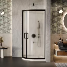 HD Moment 90x90 íves két tolóajtós matt zuhanykabin fehér slim zuhanytálcával és fekete szifonnal, fekete színű elemekkel, 190 cm magas