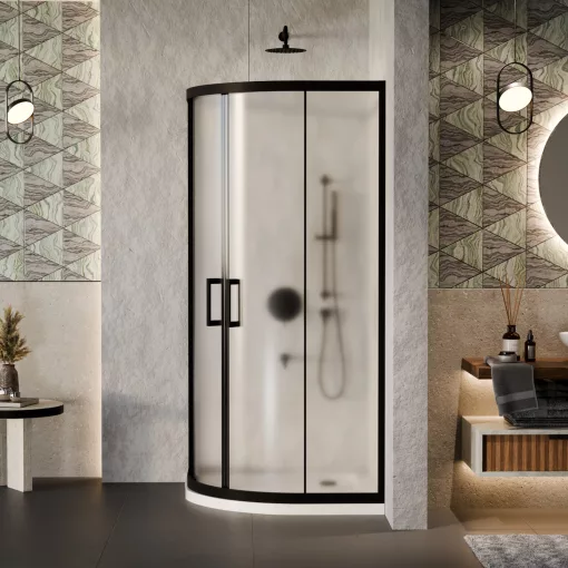 HD Moment 90x90 íves két tolóajtós matt zuhanykabin fehér slim zuhanytálcával és fekete szifonnal, fekete színű elemekkel, 190 cm magas
