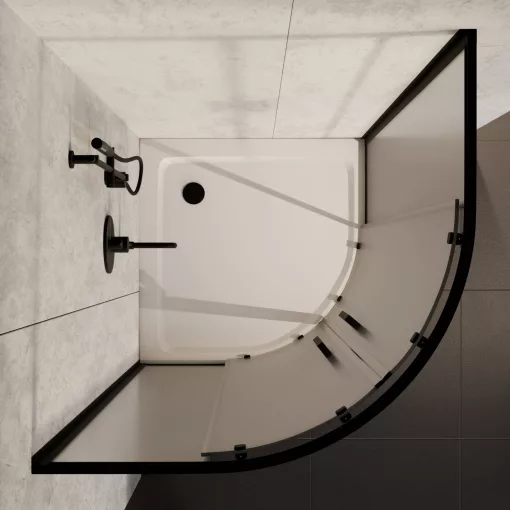 HD Moment 90x90 íves két tolóajtós matt zuhanykabin fehér slim zuhanytálcával és fekete szifonnal, fekete színű elemekkel, 190 cm magas