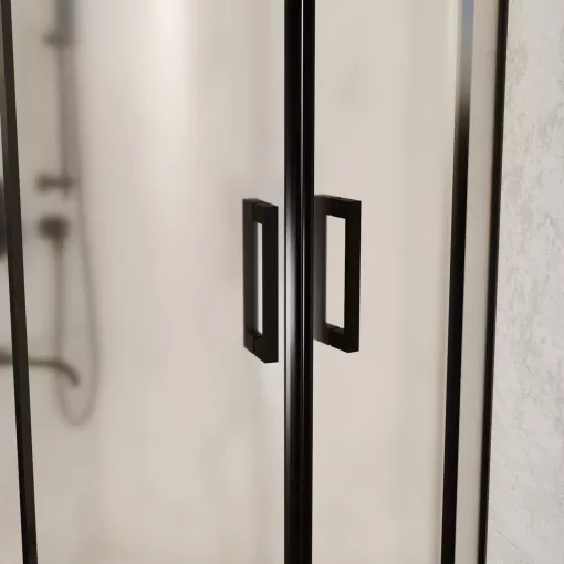 HD Moment 90x90 íves két tolóajtós matt zuhanykabin fehér slim zuhanytálcával és fekete szifonnal, fekete színű elemekkel, 190 cm magas