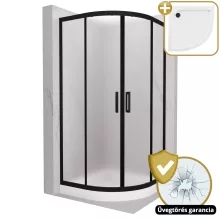 HD Moment 90x90 íves két tolóajtós matt zuhanykabin fehér magas zuhanytálcával és fekete szifonnal, fekete színű elemekkel, 190 cm magas