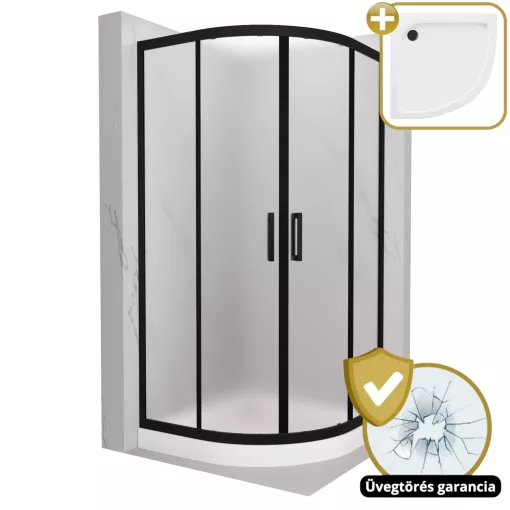 HD Moment 90x90 íves két tolóajtós matt zuhanykabin fehér magas zuhanytálcával és fekete szifonnal, fekete színű elemekkel, 190 cm magas