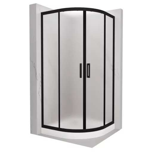 HD Moment 90x90 íves két tolóajtós matt zuhanykabin fehér magas zuhanytálcával és fekete szifonnal, fekete színű elemekkel, 190 cm magas