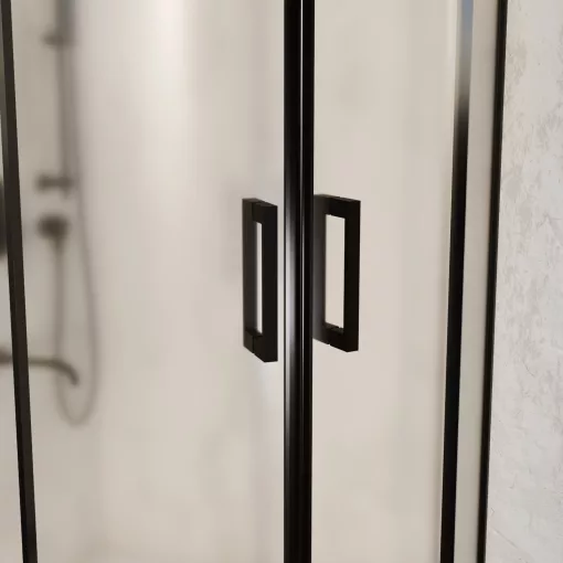 HD Moment 90x90 íves két tolóajtós matt zuhanykabin fehér magas zuhanytálcával és fekete szifonnal, fekete színű elemekkel, 190 cm magas