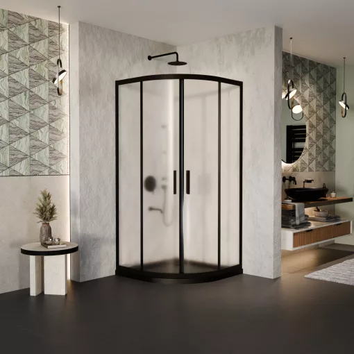 HD Moment 90x90 íves két tolóajtós matt zuhanykabin fekete slim zuhanytálcával és fekete szifonnal, fekete színű elemekkel, 190 cm magas