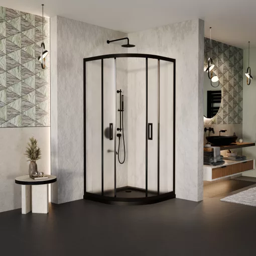 HD Moment 90x90 íves két tolóajtós matt zuhanykabin fekete slim zuhanytálcával és fekete szifonnal, fekete színű elemekkel, 190 cm magas