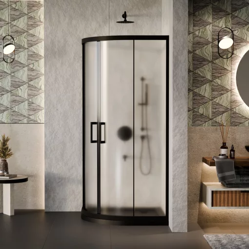 HD Moment 90x90 íves két tolóajtós matt zuhanykabin fekete slim zuhanytálcával és fekete szifonnal, fekete színű elemekkel, 190 cm magas