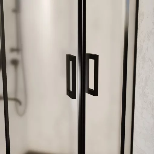 HD Moment 90x90 íves két tolóajtós matt zuhanykabin fekete slim zuhanytálcával és fekete szifonnal, fekete színű elemekkel, 190 cm magas