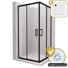 HD Moment 100x100 szögletes két tolóajtós matt zuhanykabin fehér slim zuhanytálcával és fekete szifonnal, fekete színű elemekkel, 190 cm magas