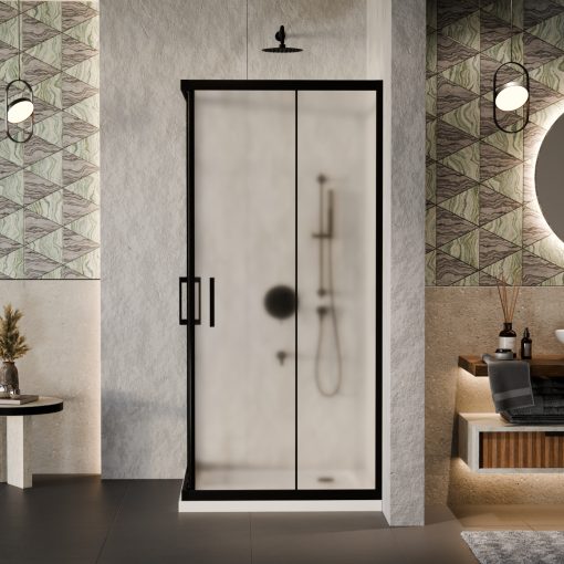 HD Moment 100x100 szögletes két tolóajtós matt zuhanykabin fehér slim zuhanytálcával és fekete szifonnal, fekete színű elemekkel, 190 cm magas
