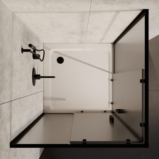 HD Moment 100x100 szögletes két tolóajtós matt zuhanykabin fehér slim zuhanytálcával és fekete szifonnal, fekete színű elemekkel, 190 cm magas