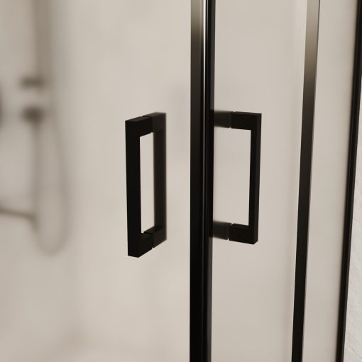 HD Moment 100x100 szögletes két tolóajtós matt zuhanykabin fehér slim zuhanytálcával és fekete szifonnal, fekete színű elemekkel, 190 cm magas