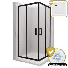 HD Moment 80x80 szögletes két tolóajtós matt zuhanykabin fehér magas zuhanytálcával és fekete szifonnal, fekete sszínű elemekkel, 190 cm magas