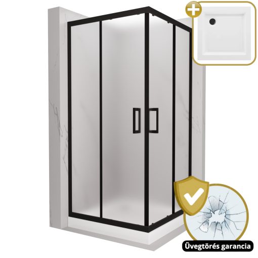 HD Moment 80x80 szögletes két tolóajtós matt zuhanykabin fehér magas zuhanytálcával és fekete szifonnal, fekete sszínű elemekkel, 190 cm magas