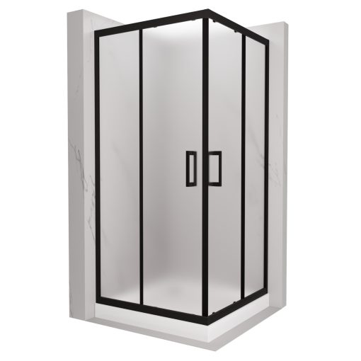 HD Moment 80x80 szögletes két tolóajtós matt zuhanykabin fehér magas zuhanytálcával és fekete szifonnal, fekete sszínű elemekkel, 190 cm magas