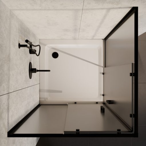 HD Moment 80x80 szögletes két tolóajtós matt zuhanykabin fehér magas zuhanytálcával és fekete szifonnal, fekete sszínű elemekkel, 190 cm magas