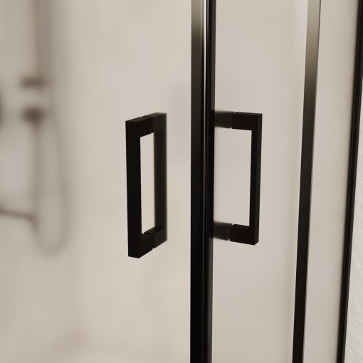 HD Moment 80x80 szögletes két tolóajtós matt zuhanykabin fehér magas zuhanytálcával és fekete szifonnal, fekete sszínű elemekkel, 190 cm magas