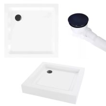 HD Moment 80x80 szögletes két tolóajtós matt zuhanykabin fehér magas zuhanytálcával és fekete szifonnal, fekete sszínű elemekkel, 190 cm magas