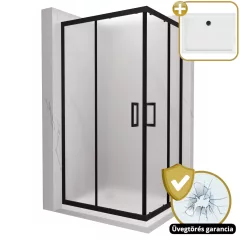   HD Moment aszimmetrikus szögletes két tolóajtós matt zuhanykabin fehér slim zuhanytálcával és fekete szifonnal, fekete színű elemekkel, 190 cm magas