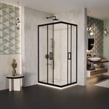 HD Moment aszimmetrikus szögletes két tolóajtós matt zuhanykabin fehér slim zuhanytálcával és fekete szifonnal, fekete színű elemekkel, 190 cm magas