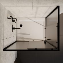 HD Moment aszimmetrikus szögletes két tolóajtós matt zuhanykabin fehér slim zuhanytálcával és fekete szifonnal, fekete színű elemekkel, 190 cm magas