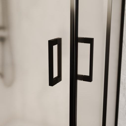 HD Moment aszimmetrikus szögletes két tolóajtós matt zuhanykabin fehér slim zuhanytálcával és fekete szifonnal, fekete színű elemekkel, 190 cm magas