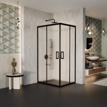 HD Moment aszimmetrikus szögletes két tolóajtós matt zuhanykabin 6 mm vastag vízlepergető biztonsági üveggel, fekete színű elemekkel, 190 cm magas