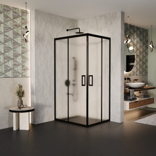 HD Moment aszimmetrikus szögletes két tolóajtós matt zuhanykabin 6 mm vastag vízlepergető biztonsági üveggel, fekete színű elemekkel, 190 cm magas