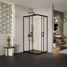 HD Moment aszimmetrikus szögletes két tolóajtós matt zuhanykabin 6 mm vastag vízlepergető biztonsági üveggel, fekete színű elemekkel, 190 cm magas