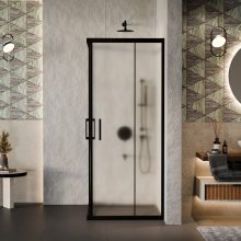 HD Moment aszimmetrikus szögletes két tolóajtós matt zuhanykabin 6 mm vastag vízlepergető biztonsági üveggel, fekete színű elemekkel, 190 cm magas