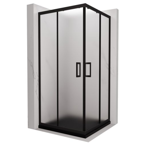 HD Moment 80x80 szögletes két tolóajtós matt zuhanykabin fekete slim zuhanytálcával és fekete szifonnal, fekete színű elemekkel, 190 cm magas
