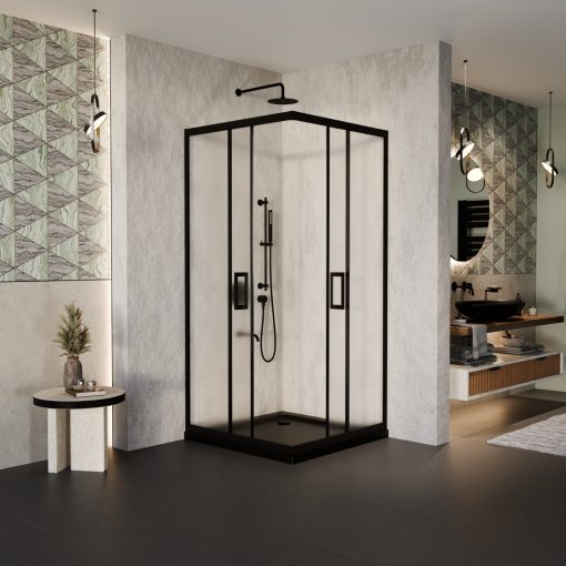 HD Moment 80x80 szögletes két tolóajtós matt zuhanykabin fekete slim zuhanytálcával és fekete szifonnal, fekete színű elemekkel, 190 cm magas