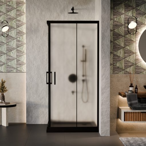 HD Moment 80x80 szögletes két tolóajtós matt zuhanykabin fekete slim zuhanytálcával és fekete szifonnal, fekete színű elemekkel, 190 cm magas